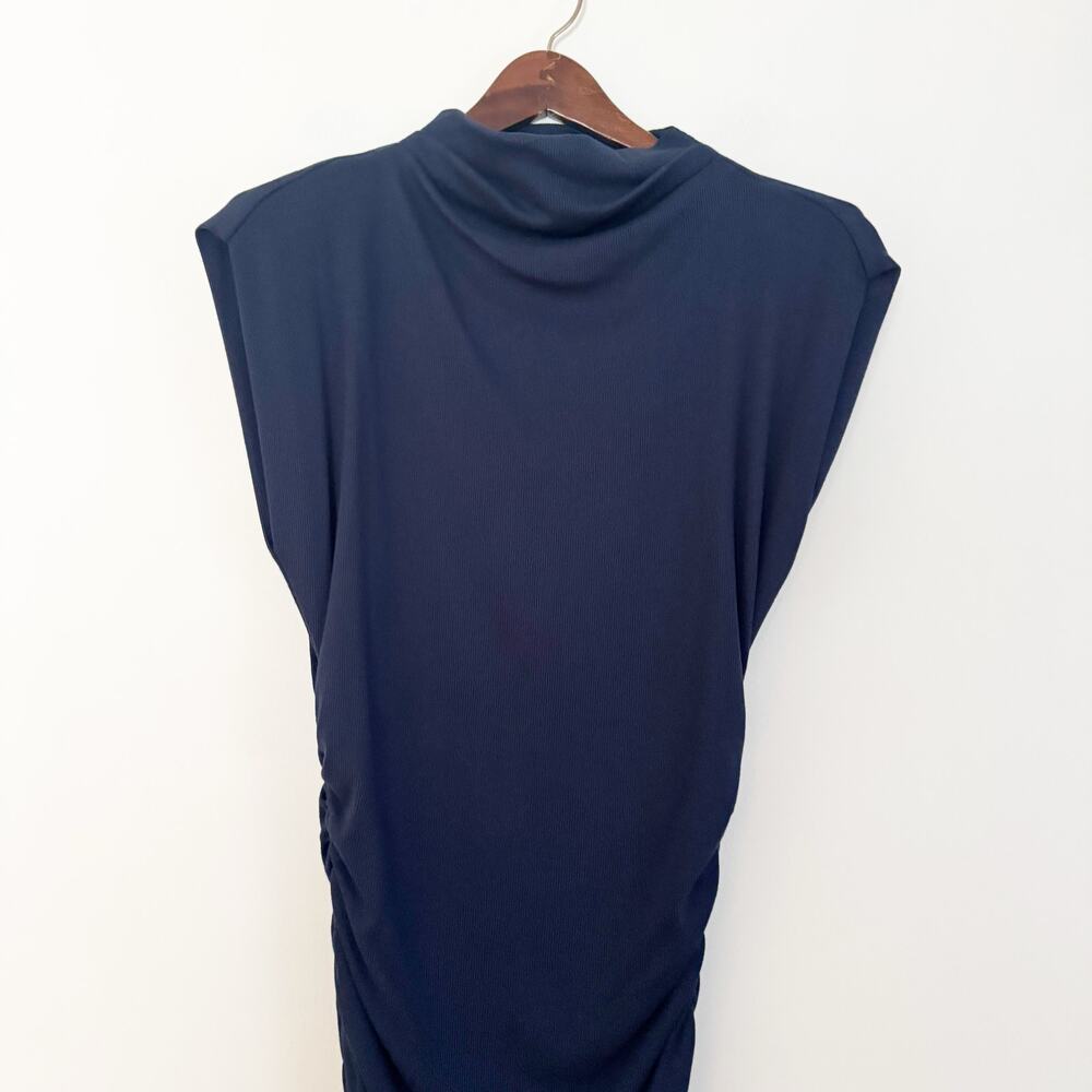 ANTHROPOLOGIE Michael Stars Gia Ribbed Power Shoulder Dress Navy Blue Medium M - Picture 5 of 8